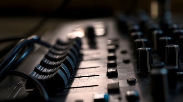 Close up of professional audio mixing console with faders  knobs  and cables in dim ambient lighting