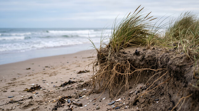 Coastal erosion exposes plant roots and destabilizes shoreline vegetation, illustrating habitat vulnerability, soil loss, and coastal ecosystem conservation.