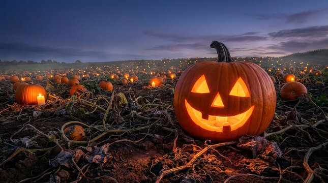 Spooky glowing jack o lantern in a dark pumpkin patch for a festive halloween background image