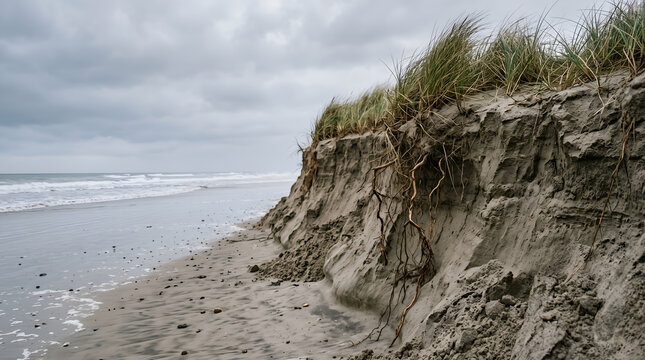 Coastal erosion exposes unstable dune layers and vegetation roots, illustrating shoreline retreat, habitat vulnerability, and climate adaptation for environmental communication.