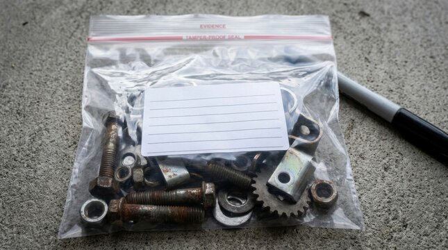 Rusty Mechanical Parts in Clear Tamper-Proof Evidence Bag