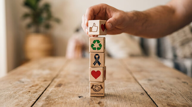 Hand stacking wooden cubes with symbols