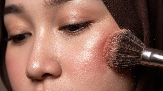 Close up portrait of a young woman applying pink blush with a professional makeup brush on her cheekbone, highlighting her glowing skin and beauty routine.