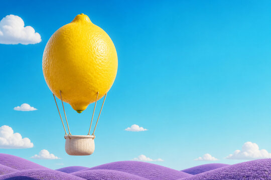 Surreal lemon hot air balloon over colorful hills