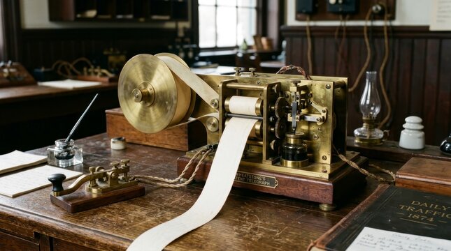 Vintage Wheatstone Telegraph Machine Processing Messages on a Wooden Desk