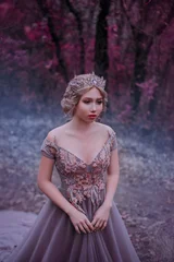 young beautiful blonde hair fantasy woman queen. Princess walks. autumn forest mystic red tree. Vintage medieval shiny crown. Long evening purple dress. magic fallen leaves mystery gothic fog mist © kharchenkoirina
