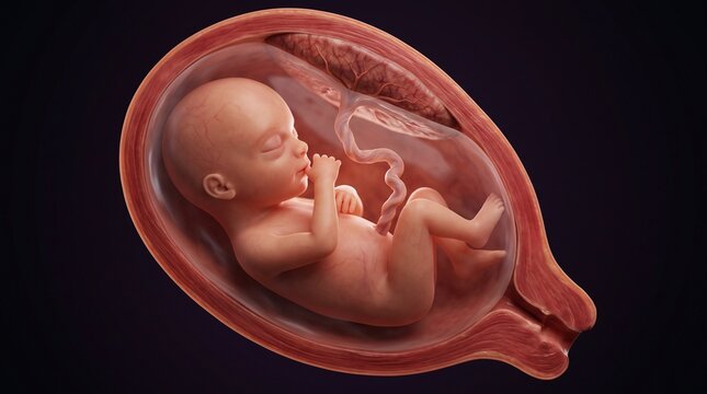 Scientific model of human fetus in womb showcasing prenatal development