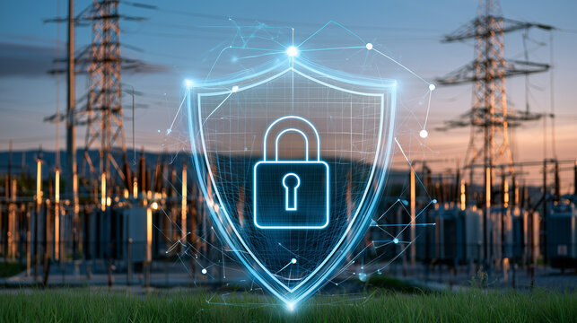 Digital security shield and lock protecting an electrical substation, representing power grid cybersecurity, energy security and critical infrastructure defense.