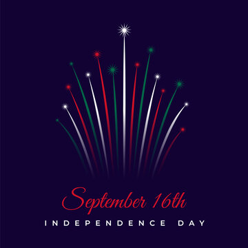 September 16 mexico independence day, mexican colorful fireworks flag on dark blue sky. Mexico national holiday independence day is september 16th. Greeting card. Vector illustration