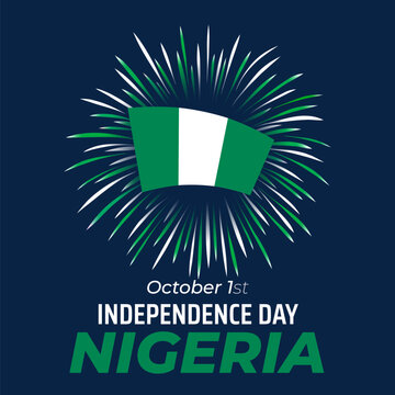 October 1, nigeria independence day, nigerian green white fireworks flag on blue sky background. National holiday nigeria october 1st independence day. Greeting card, invitation. Vector