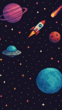 Retro pixelated space adventure.