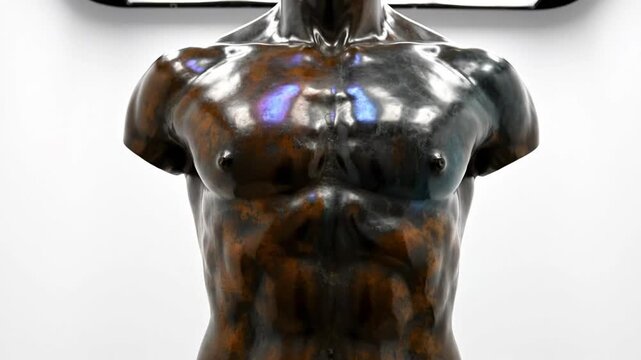 Bronze male torso sculpture in a studio setting, showing muscular anatomy and bronze texture with bright highlights