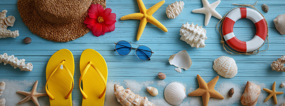 summer and beach themed items arranged on a light blue wooden background. the top and bottom edges of the frame are adorned