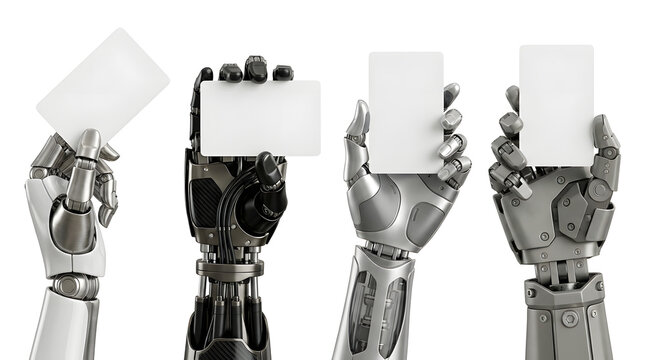 Futuristic AI robot hands holding blank credit card templates for mockup and branding concept