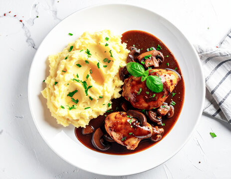 Balsamic chicken and mushrooms in a dark wine sauce served with mashed potatoes, top view. AI