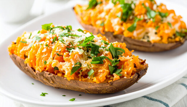 Baked sweet potatoes with white cheese and chopped cilantro, white plate. AI