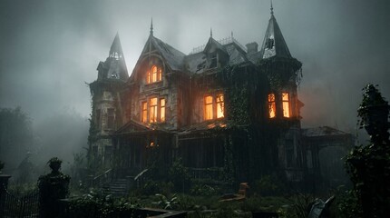 Obraz premium Abandoned Victorian Mansion with Glowing Windows in Fog