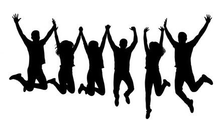 Fototapeta premium Group of happy friends jumping in the air together isolated on transparent background