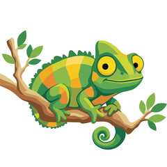 Obraz premium A vibrant green chameleon with striking yellow eyes sits calmly on a branch, showcasing its unique colors and playful character in a whimsical illustration that captivates viewers.