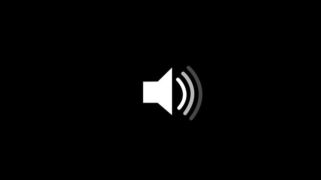 Minimalist white speaker animation pulsing with sound waves on a solid black background, for digital interface, ui ux audio, settings, volume control, and multimedia applications