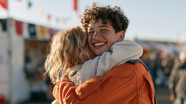 An unposed candid moment at a colorful outdoor market captures a young crop duster pilot on a final day of a training camp, hugging a teen counselor goodbye beside a clean
