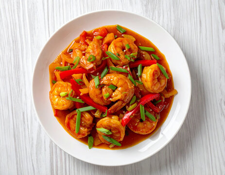 Sweet and sour shrimp with red pepper and scallions, white plate. AI