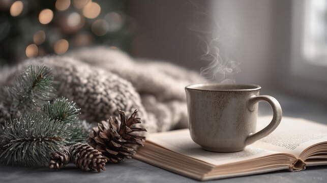 steaming ceramic coffee mug on open book with pine cones and knitted blanket