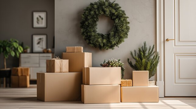 stack of cardboard delivery boxes in home entryway decorated with christmas wreath