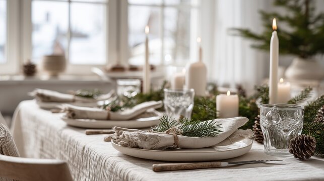 bright festive table arrangement with burning tall candles and pine branches