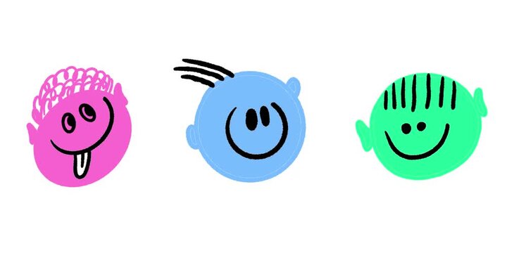 Colorful animated hand drawn black and white line art of smiling funny faces pulsing on isolated white background, cute doodle emoticon animation loop for expressive graphic design.