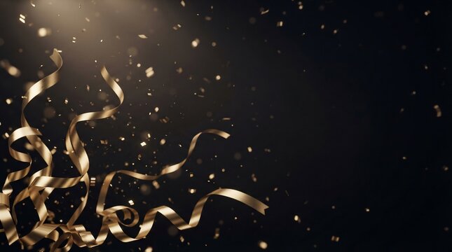 Golden confetti streamers celebration abstract background with copy space