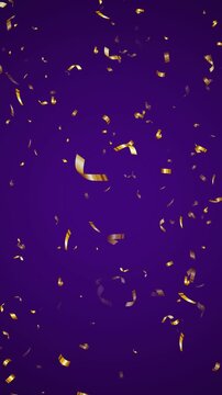 gold metallic confetti rain on purple background animation,golden birthday party and anniversary celebration overlay vertical social media motion design element