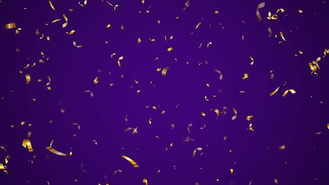 gold metallic confetti rain on purple background animation,golden birthday party and anniversary celebration overlay vertical social media motion design element