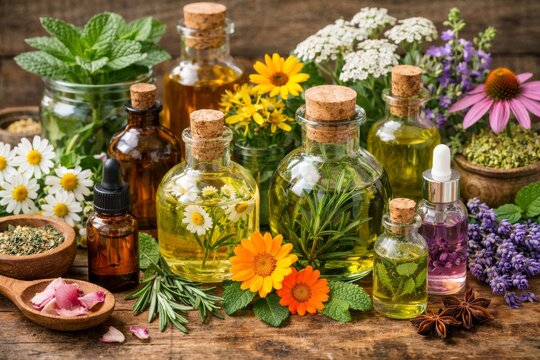 Assorted glass bottles of herbal essential oils with flowers and fresh herbs for natural wellness product background