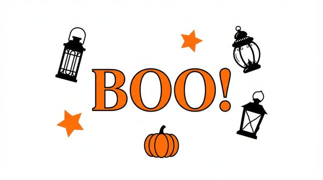 Halloween boo text with orange pumpkin stars and hanging lanterns vector graphic