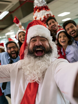 Man in Santa hat making excited selfie with cheering office colleagues wearing Christmas hats