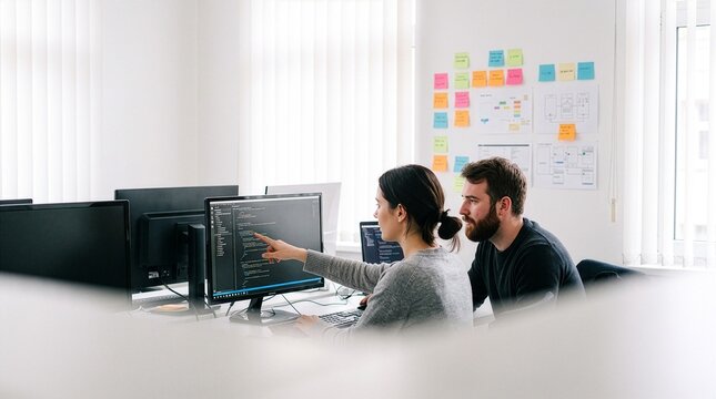 Two developers reviewing code on monitor in bright modern office