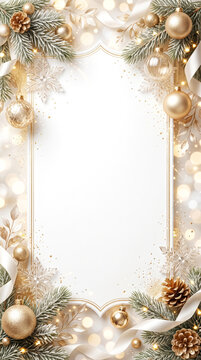 Elegant Christmas card frame with gold ornaments, pine branches, snowflakes, and lights. for holiday greetings, New Year messages, invitations, festive banners, posters, winter marketing materials