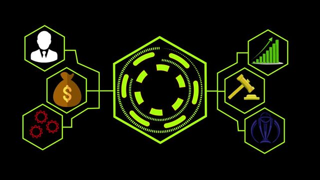 Business infographic featuring neon glowing hexagonal icons symbolizing corporate management, financial growth, legal compliance, and strategic planning on a dark background for presentations.