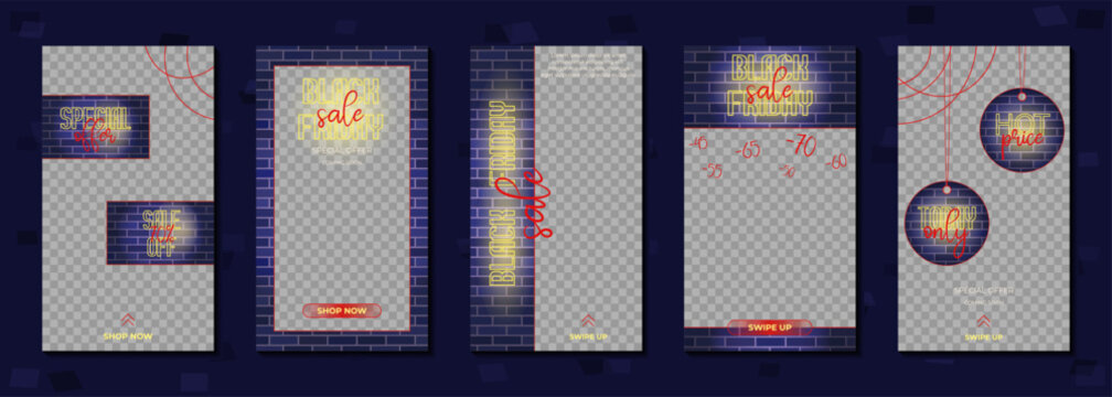 Social media story templates with yellow neon sign and brick wall texture for Black Friday promotional campaign. Big sale poster template.