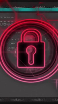 Animation of padlock icon over data processing on black background
