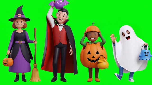 Two Children in Halloween Costumes with Pumpkin on Green Screen