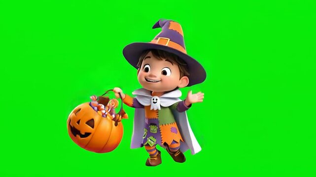 Young Wizard Character Holding Pumpkin on Green Screen Halloween Animation