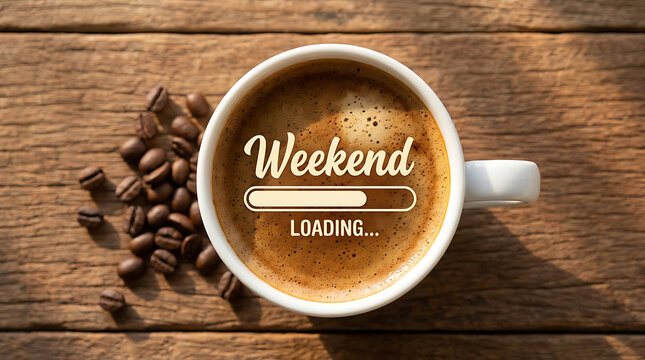 Cup of aromatic coffee on wooden table with weekend loading text and coffee beans