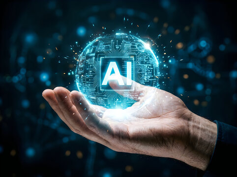Hand holding a glowing AI sphere symbolizing the power and potential of artificial intelligence.