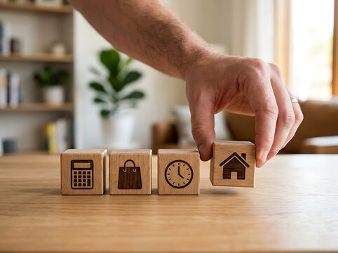 Hand placing wooden cube with home icon