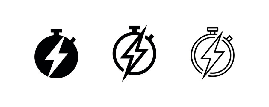 Fast speed stopwatch icon set. Lightning bolt on timer symbol in solid, bold, and outline styles. Quick time and urgency.