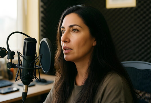 Podcasting and audio content creation, woman recording a professional voiceover in a home studio with a condenser microphone and acoustic foam panels
