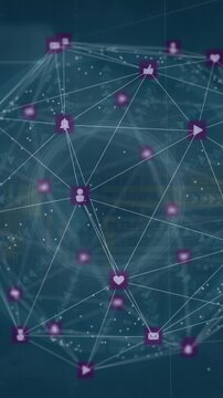 Animation of digital computer icons interconnecting with lines and forming globe against buildings