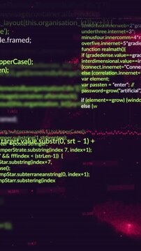 Animation of digital computer icons interconnecting with lines and programming language data